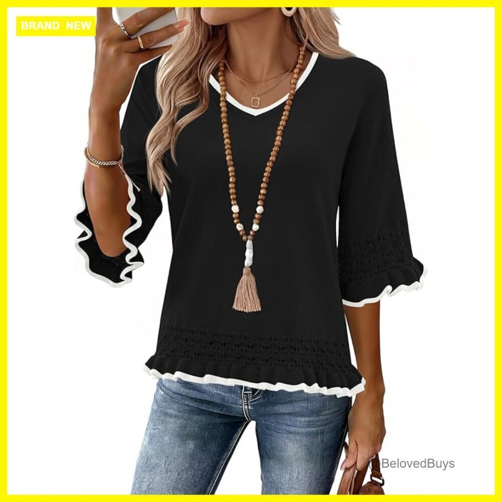 V-Neck Cropped Pullover Sweater 3/4 Sleeve Peplum Top Business Casual